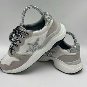 No Boundaries White and Glitter Silver Star Sneakers Women's Size 6.5